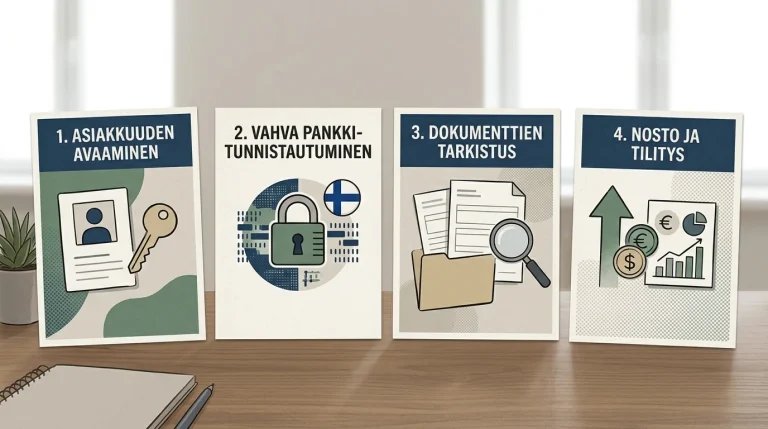 Nelivaiheinen kaavio tunnistautumisesta ja kotiutuksen lisätarkistuksesta