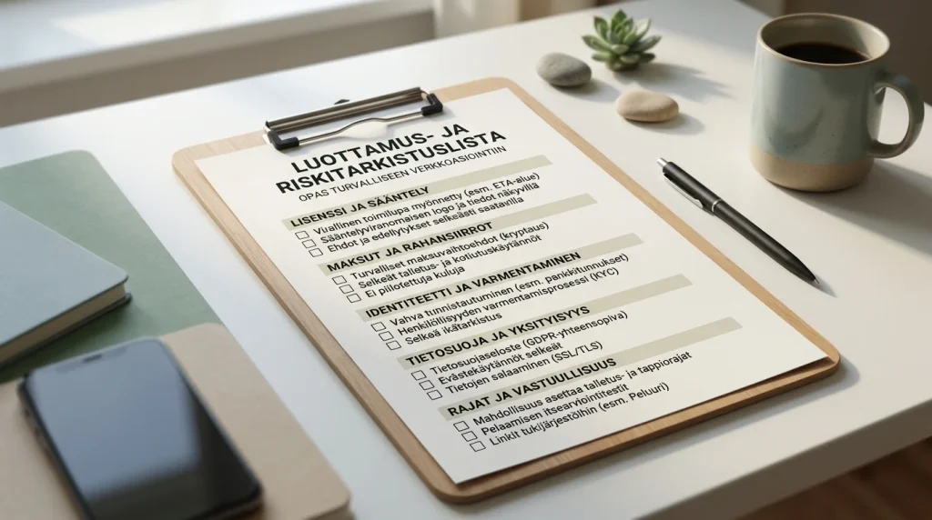 Tarkistuslista luvallisuuden, maksujen ja tietojen arviointiin