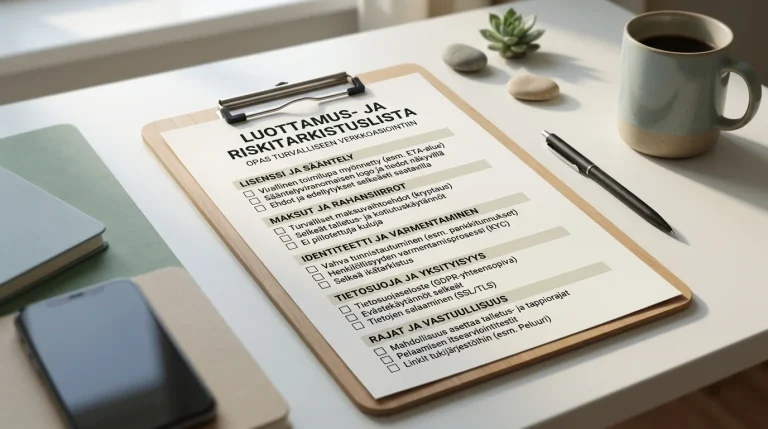 Tarkistuslista luvallisuuden, maksujen ja tietojen arviointiin